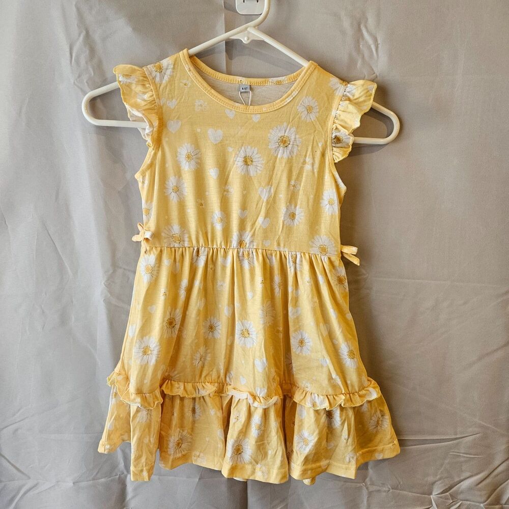Cheerful Yellow Daisey & Heart Babydoll Dress 4-5T Flutter Sleeves Ruffled Skirt